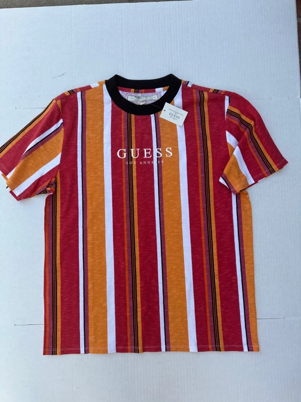 New GUESS ORIGINALS Men’s Red, Yellow & White Striped Logo Tee with Black Trim - Picture 3 of 8